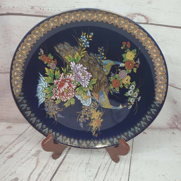 10 1/2" MCI Japan Vintage Japanese Peacock Plate Blue With Gold Trim Border  - Picture 2 of 12